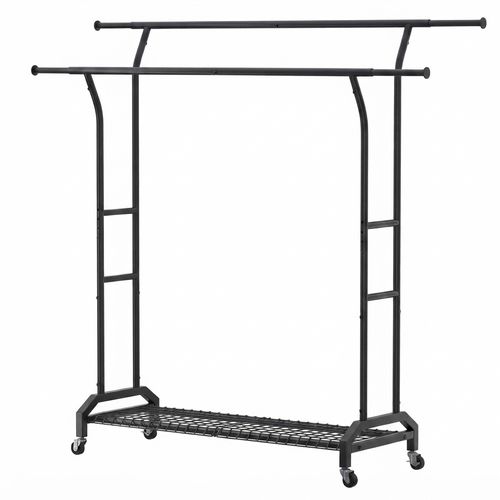 EVLIQUIL Double Rod Garment Rack with Wheels and Storage Shelf