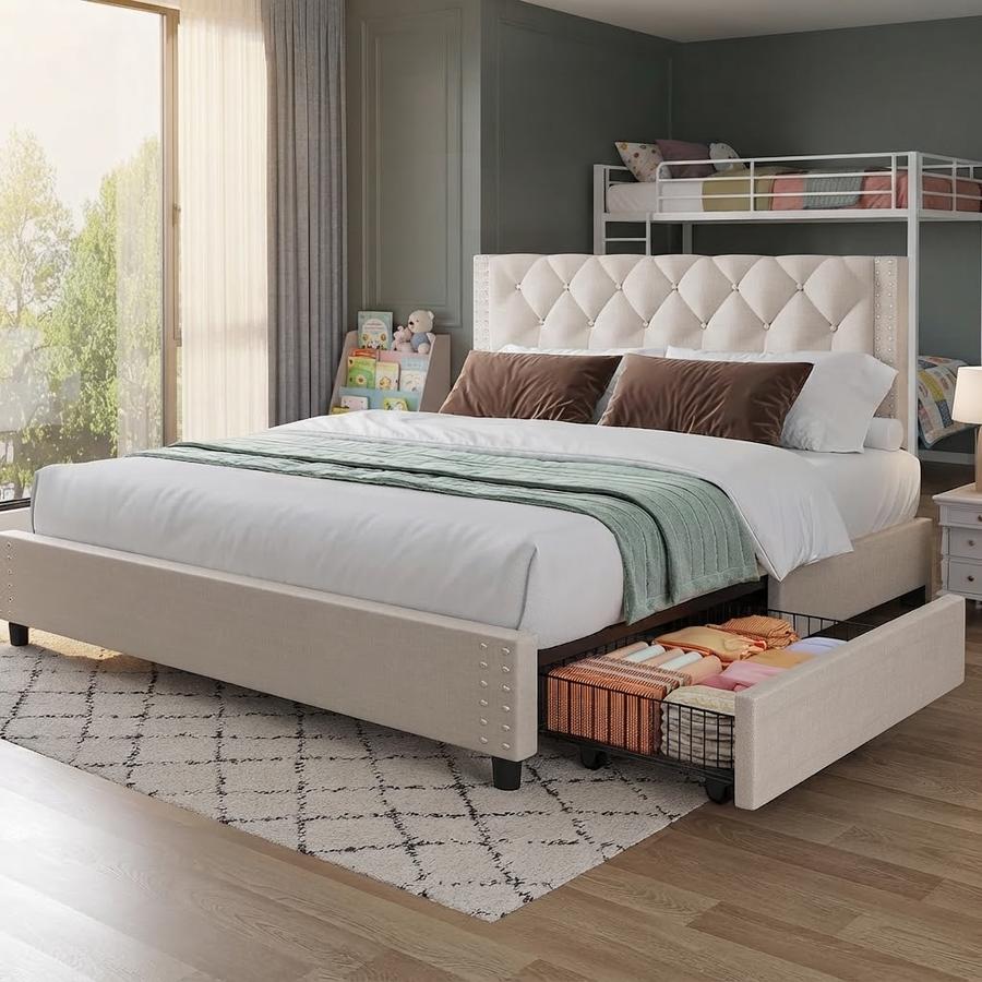 EVLIQUIL Queen Bed Frame with 4 Storage Drawers & Headboard
