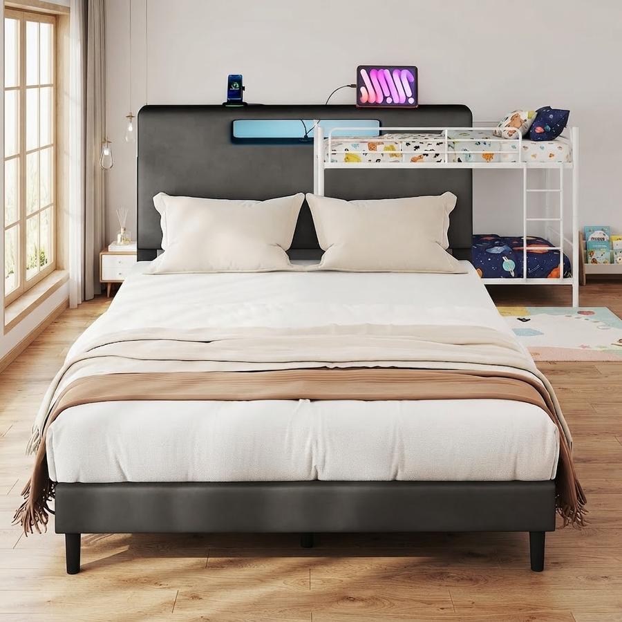 EVLIQUIL Queen Upholstered Bed Frame with LED Lights and Charging Ports
