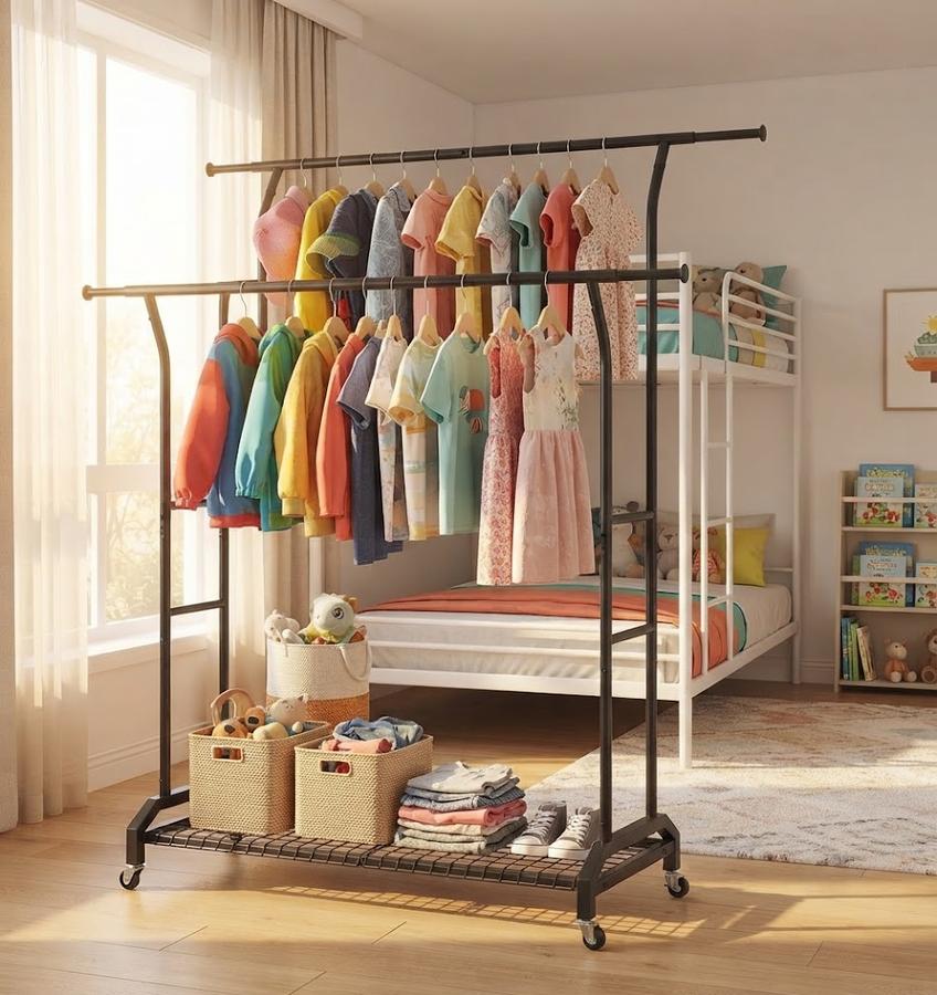 EVLIQUIL Double Rod Garment Rack with Wheels and Storage Shelf