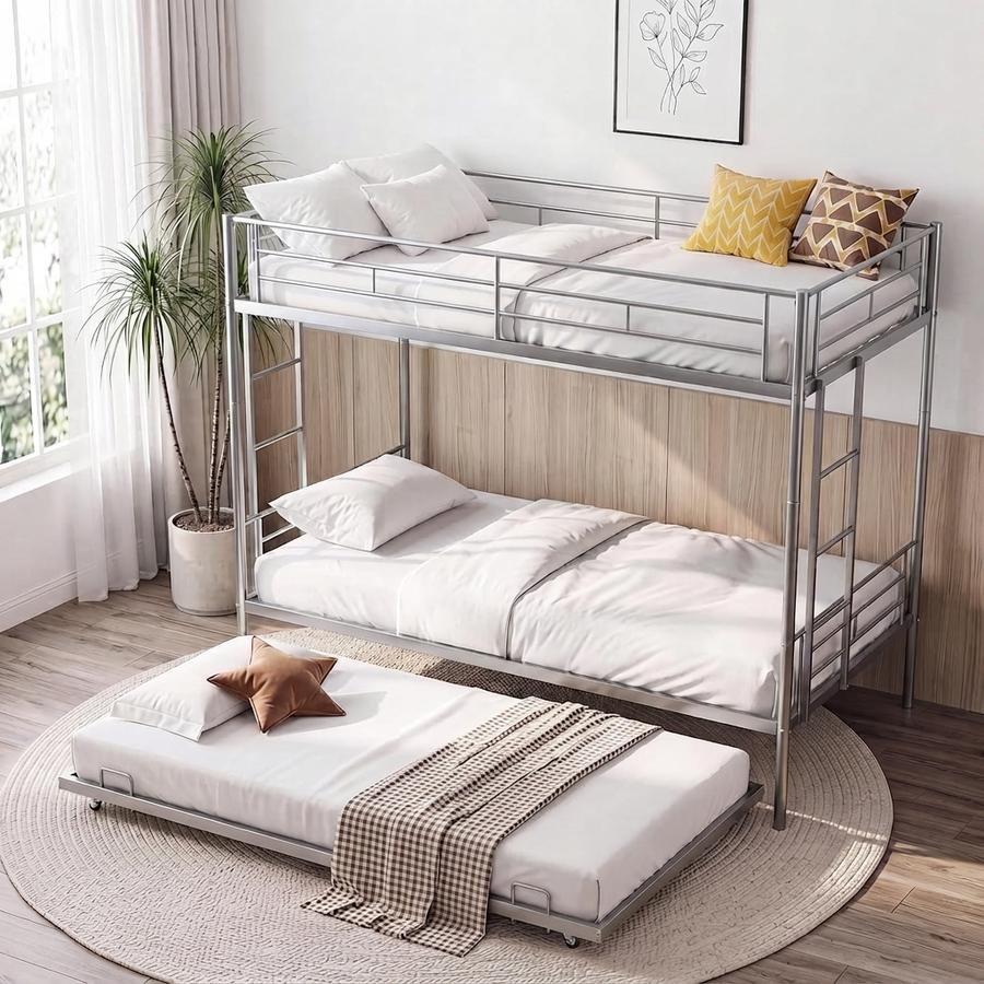 EVLIQUIL Twin Over Twin Bunk Bed with Trundle, Silver